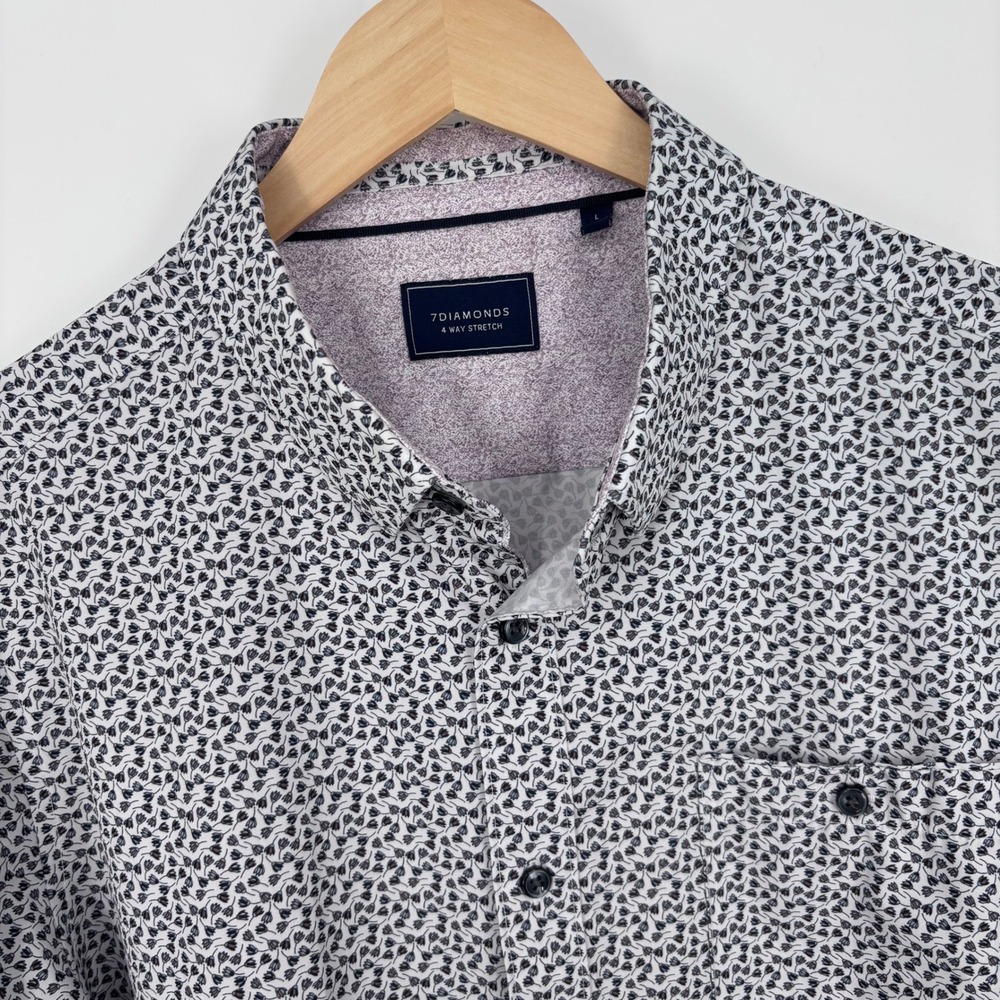 7Diamonds 4 Way Stretch Shirt Mens‎ L "Sunday Best" White Floral AOP Performance